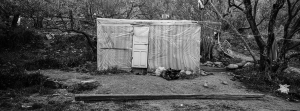 25 March 2019 – A shelter made of plastic tarpaulins and wood, in a refugee camp on Samos, Greece.
