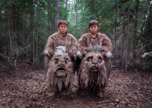 9 August 2019 – Twins Semyon and Stepan perform in the roles of dulgancha, mythical swamp creatures, in The Old Beyberikeen With Five Cows, in Sakha, Russian Federation. It is their first part in a film.