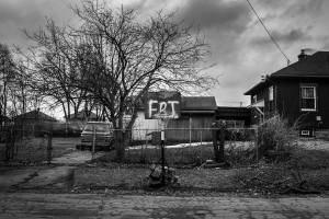 25 February 2020 – A basketball net supported by cinder blocks stands beside a street in Flint, Michigan, USA. The board reads ‘FDT’, an acronym based on a popular anti-Donald Trump protest song.