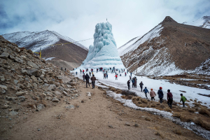 22 March 2019 – The giant Shara Phuktsey stupa, some 80 kilometers southeast of the regional capital, Leh, stored around 7.5 million liters of water, and helped irrigate fields in four villages. The stupa also drew tourists: ice climbers came to scale its steep flanks.