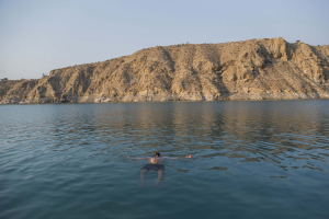 9 September 2020 – Saeed relaxes in Kosar Dam Lake, near Gachsaran, Iran. He managed to stay in the water unassisted for 15 minutes.