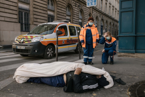 1 April 2020 – Civil protection volunteers Anne-Sophie and Elisabeth check on a homeless man who appears to be sleeping, while doing their rounds in the Second Arrondissement of Paris, France.